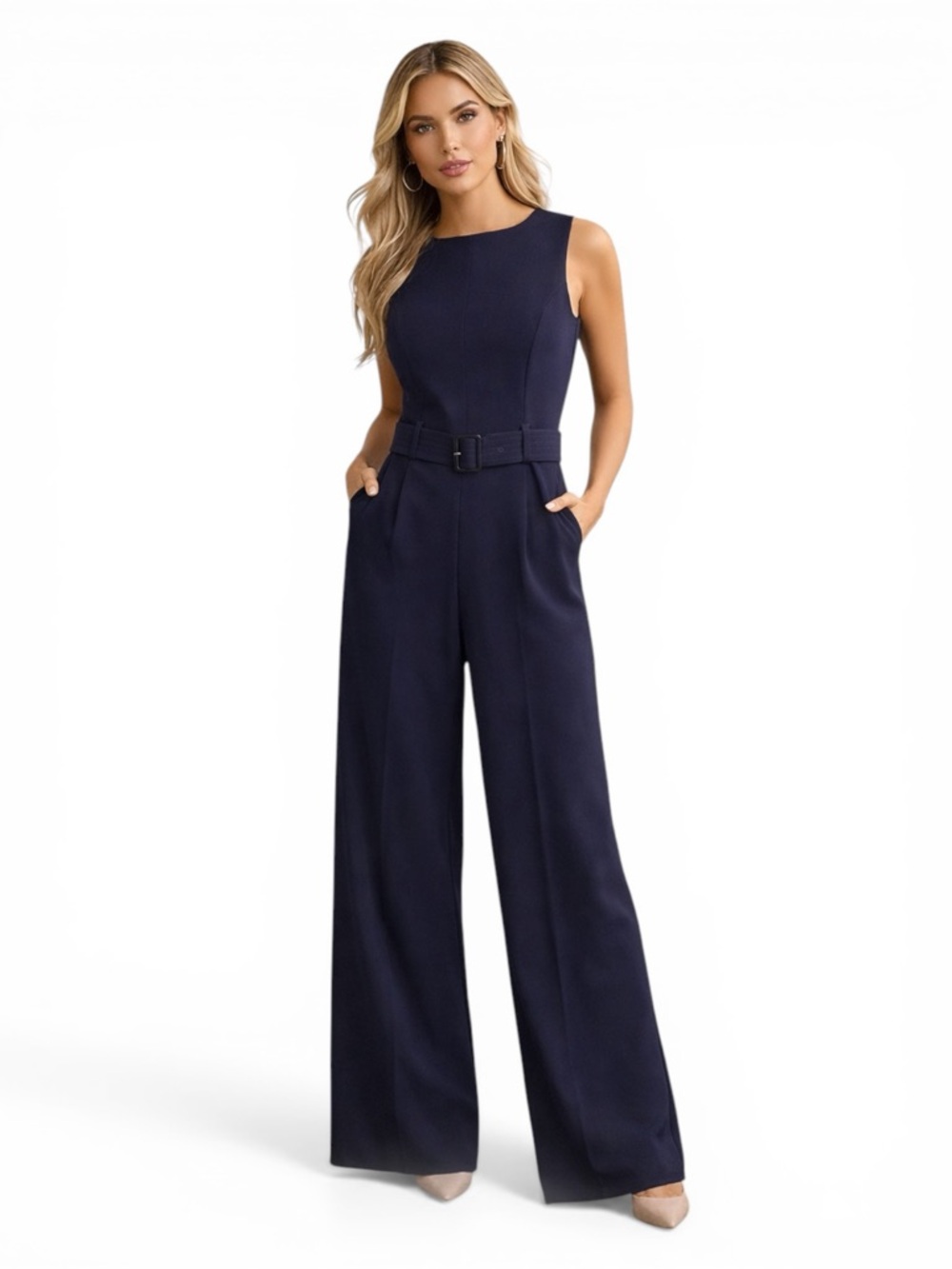 Calvin Klein Jumpsuit Women Size 6 Navy Sleeveless Wide Leg Belted Elegant